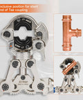 iCrimp copper pipe pressing tool kit with cutter and deburring tool; copper tee visible, IWISS, front view

IWISS iCrimp pressing tool side view showing jaw mechanism and adjustment dials

Copper tee fitting close-up showing top and branch ports

Installed view of tool pressing copper pipe onto fitting