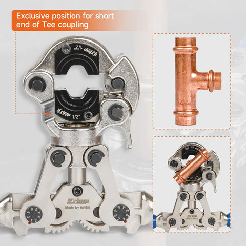 iCrimp copper pipe pressing tool kit with cutter and deburring tool; copper tee visible, IWISS, front view

IWISS iCrimp pressing tool side view showing jaw mechanism and adjustment dials

Copper tee fitting close-up showing top and branch ports

Installed view of tool pressing copper pipe onto fitting