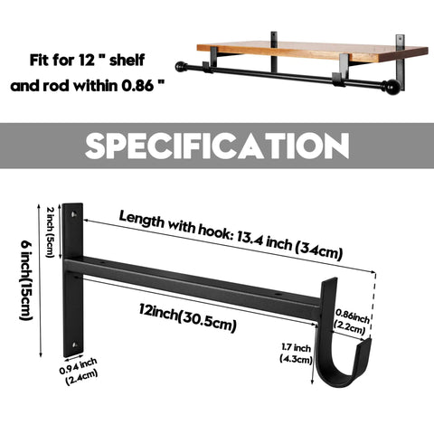 Beefy 12 Inch Heavy Duty Closet Rod Brackets Set Of 4 Wall Mounted Shelf Supports With Pole Holder And Built In Hook