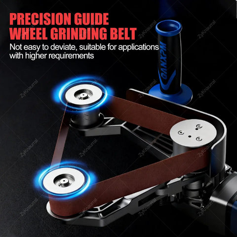 Xoiasth 1100W Electric Belt Sander And Pipe Polishing Machine Features Variable Speed Control For Stainless Steel Round Tube Grinder showing precision guide wheel with grinding belt.
