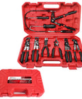 9 Piece Hose Clamp Pliers Set With Long Reach Clic R Swivel Jaw And Flat Band Pliers in red case with tools displayed