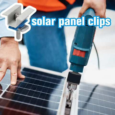 Person installing solar panel with drill, featuring Adjustable Solar Panel Mounting Bracket Clamps Kit For Aluminum Roof Mount Wide Mid Clamps.