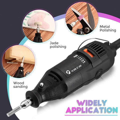 Powerful Chainsaw Sharpener Kit With 180W Motor And 5 Speed Settings 8000 To 35000 RPM shown with various polishing applications