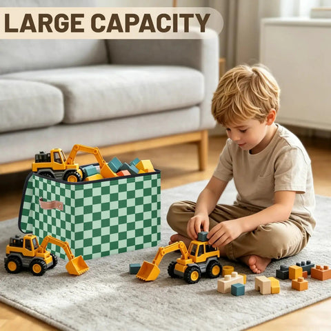Keeping Your Setup Clean With This Dope Green Checkered Fabric Storage Bin Featuring A Zipper Lid Stackable Foldable Closet Nursery Organizers Large Capacity Toy Trunk Box Bedroom Bathroom Vibe with toys and blocks.
