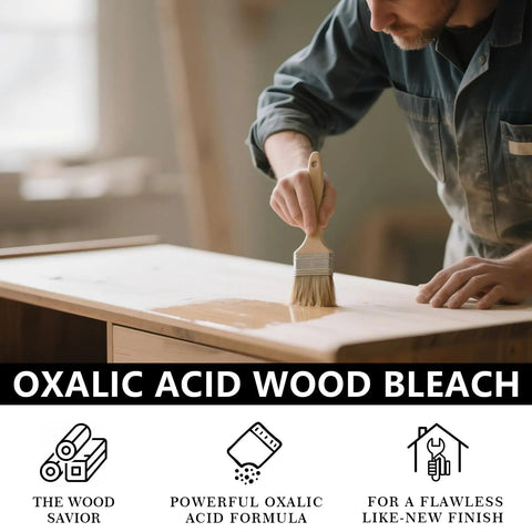 Man applying Top Shelf Oxalic Acid Wood Bleach One Pound Powder Formula on a wooden surface for stain removal.