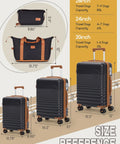 5 piece travel luggage set with size reference and measurements of 28, 24, and 20 inch suitcases, duffel and toiletry bag included