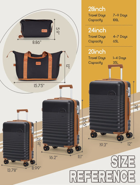 5 piece travel luggage set with size reference and measurements of 28, 24, and 20 inch suitcases, duffel and toiletry bag included