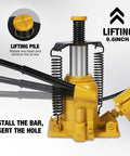 Front view of a yellow low-profile 20-ton bottle jack with aluminum pump and side handles