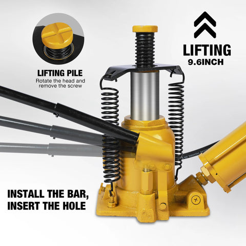 Front view of a yellow low-profile 20-ton bottle jack with aluminum pump and side handles