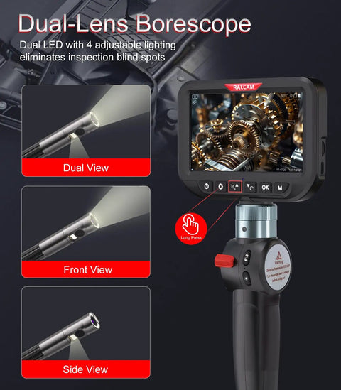 Dual Lens Articulating Borescope With Light Slim Probe And 5 Inch IPS Screen High-Res Imaging For Front And Side Angle Inspections In Engines Pipes And Machinery Time-Saving See Blind Spots And Repositioning Avoided, 5-inch display