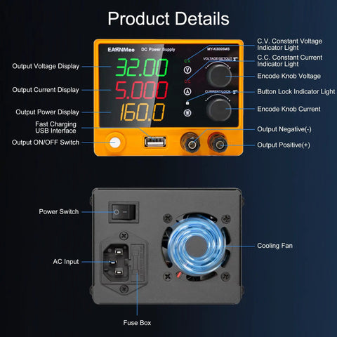 Front and back view of Variable DC Power Supply 30V 5A Benchtop Lab Power Source With 4 Digit Display USB Fast Charging Output Switch