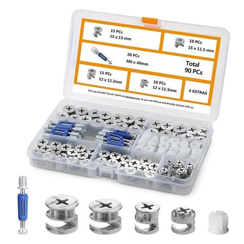 90 Piece Heavy Duty Furniture Cam Locks And Eccentric Wheel Nuts Kit With Storage Case showcasing various connectors and sizes.