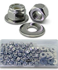 Premium 1/4-20 Lock Nuts And Flat Washers Set With 100 Pack Featuring Rugged 18-8 304 Stainless Steel, close-up of nuts and washers.