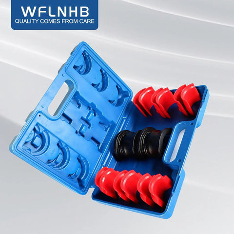 14 Piece Universal Fork Seal Driver Tool Kit For Motorcycle And Dirt Bike Forks Sizes 35 36mm 40 41mm 42 43mm 45 46mm 47 48mm 49 50mm Pro Grade Heavy Duty Build Easy Install in blue and red case