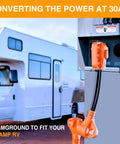 Heavy Duty 50 To 30 Amp Rv Power Adapter Cord 18 Inch Dogbone Converter Plug connecting to a 30AMP RV power outlet.
