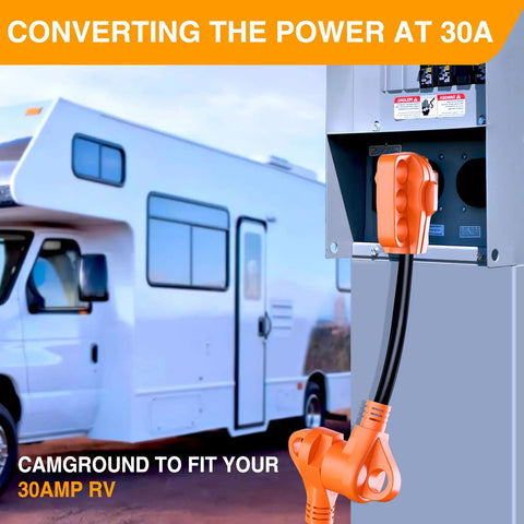 Heavy Duty 50 To 30 Amp Rv Power Adapter Cord 18 Inch Dogbone Converter Plug connecting to a 30AMP RV power outlet.