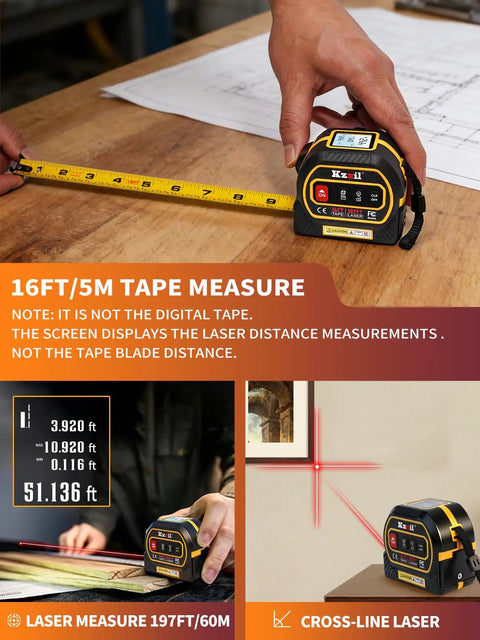 Laser Tape Measure 4 In 1 With 196 Ft Laser Distance Meter And 16 Ft Manual Tape Cross Line Laser Magnetic Base in use