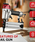 Professional Pneumatic Brad Nailer 18 Gauge Air Powered Nail Gun For Woodworking Trim Assembly Heavy Duty No Sweat Finish Tool Nailed It Contractor Diy Boss Level Shop Gear on a workbench with features highlighted.
