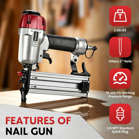 Professional Pneumatic Brad Nailer 18 Gauge Air Powered Nail Gun For Woodworking Trim Assembly Heavy Duty No Sweat Finish Tool Nailed It Contractor Diy Boss Level Shop Gear on a workbench with features highlighted.