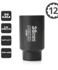 38mm Socket For Half Inch Drive Deep Impact, Spindle And Axle Nut Socket, 12 Point Chrome Molybdenum, Deep Well Hub, Triple Square, Axle Shaft Nut Remover Built Tough image showing full socket and specs icons.
