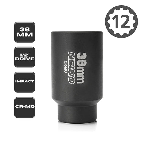 38mm Socket For Half Inch Drive Deep Impact, Spindle And Axle Nut Socket, 12 Point Chrome Molybdenum, Deep Well Hub, Triple Square, Axle Shaft Nut Remover Built Tough image showing full socket and specs icons.