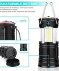 Two Pack USB Rechargeable Camping Lanterns 2-In-1 LED Hurricane Lights with charging and battery features shown