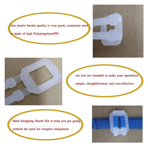 Close-up of plastic tension buckles from Tough As Nails Manual Banding Strapping Kit for secure box sealing.