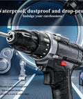 Rugged Cordless Impact Drill And Electric Hand Screwdriver With Rechargeable Lithium Battery close-up showing waterproof and dustproof features.