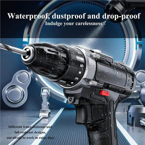 Rugged Cordless Impact Drill And Electric Hand Screwdriver With Rechargeable Lithium Battery close-up showing waterproof and dustproof features.