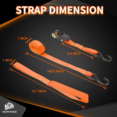 Heavy Duty Ratchet Tie Down Straps 4 Pack One Inch By Fifteen Feet With Rubber Grip Buckles And Soft Loop Hooks dimensions diagram