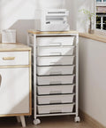 Rolling Cart With Eight Drawers Wooden Tabletop Storage Cart On Lockable Wheels For Craft Room Office Living Room Classroom And Bedroom Great For Organizing Supplies With Easy Mobility And Durable Build next to desk in room