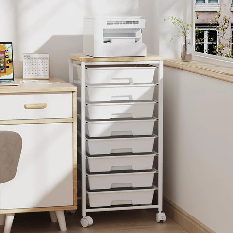 Rolling Cart With Eight Drawers Wooden Tabletop Storage Cart On Lockable Wheels For Craft Room Office Living Room Classroom And Bedroom Great For Organizing Supplies With Easy Mobility And Durable Build next to desk in room