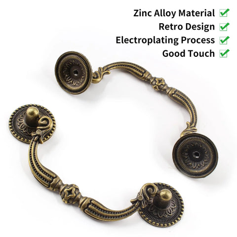 Four Pcs Vintage Bronze Bail Drop Drawer Pull Handles Set With Screws For Cabinets Furniture Kitchen Wardrobe and Cupboard Antique Bronze Cabinet Pulls 124 Millimeters Total Length 96 Millimeters Hole Center 3.75 Inch Zinc Alloy Construction displayed in curved arrangement