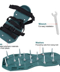 Lawn Aerator Shoes For Grass And Garden Care With Spiked Prongs And Easy Buckle Straps, shown with wrench and washers