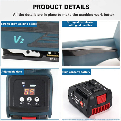 One-Hand Automatic Electric Strap Tool featuring alloy welding plates, adjustable settings, and high-capacity battery for efficient packaging.