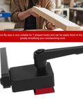 T Track Flip Stop For DIY Woodworking, Aluminum Adjustable Fence Stopper shown with woodworking setup and close-up view