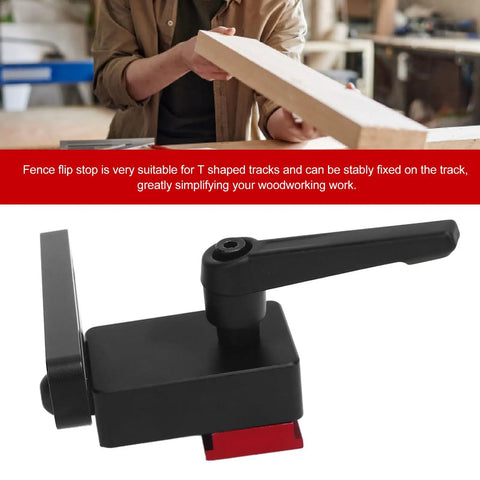 T Track Flip Stop For DIY Woodworking, Aluminum Adjustable Fence Stopper shown with woodworking setup and close-up view