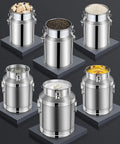 Heavy Duty 304 Stainless Steel Milk Jug With Slick Airtight Seal Prime Food Storage Container For Rice Flour Sugar And Coffee Beans, six jugs filled with various contents.