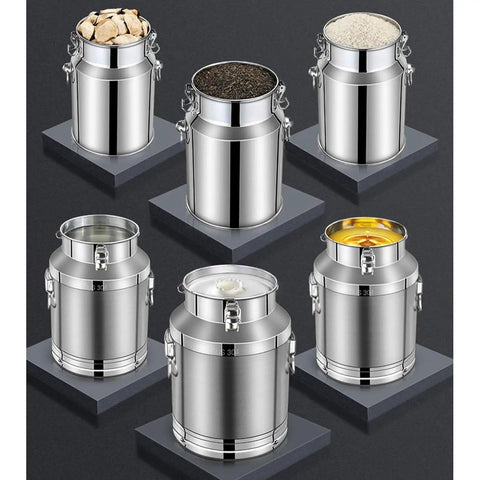 Heavy Duty 304 Stainless Steel Milk Jug With Slick Airtight Seal Prime Food Storage Container For Rice Flour Sugar And Coffee Beans, six jugs filled with various contents.