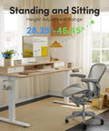 Fezibo 48 By 24 Electric Standing Desk With Double Drawers Maple Finish Height Adjustable ergonomic workspace with chair and decor.