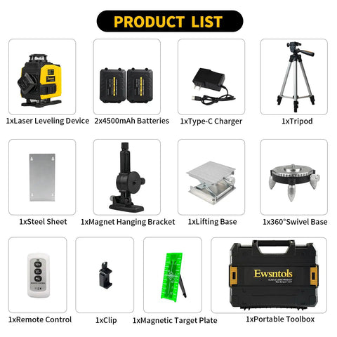4D Green Beam Laser Level With Tripod For Easy Room Layouts, Four 360 Degree Lines With 90 Degree Cross, Self Leveling, Rotatable Window, Includes Two 4500mAh Batteries, Perfect For Picture Hanging, Tiling, Ceilings, And Home Renovation, with accessories