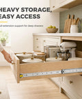 Beefy Heavy Duty Drawer Slides 500 Lb Capacity Full Extension Runners With Lock For Cabinets And Tool Chests Built From Tough Steel Smooth Quiet Glide Industrial Grade Ball Bearings installed on a deep kitchen drawer