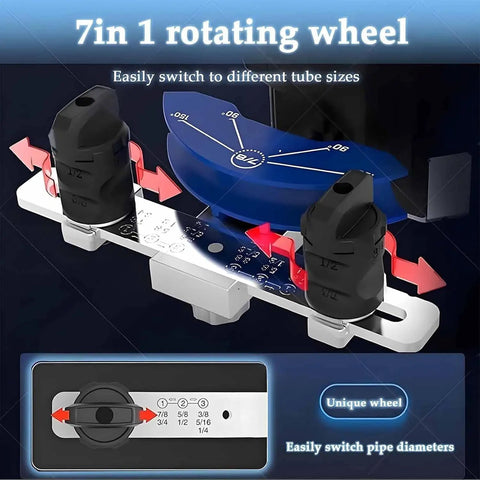 7-in-1 rotating wheel for Heavy Duty Battery Operated Electric Pipe Bender, switch between tube sizes for easy bending.