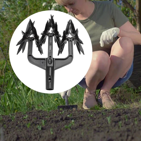 2 In 1 Garden Soil Scarifier And Till Tool With Long Spikes For Deep Plowing And Aeration displayed against background of gardening