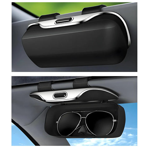 Universal Car Visor Sunglasses Holder Clip And Storage Box For Glasses And Small Essentials, open view displaying contents