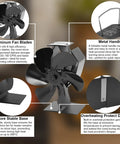 Heat Powered Wood Stove Fan With Bracket 6 Blade Thermoelectric Aluminum Fireplace Vent Silent Operation in black, details visible.