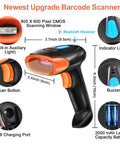 Wireless Bluetooth Barcode Scanner Handheld 2D 1D QR Reader With 800x600 CMOS Sensor, showing features and components.