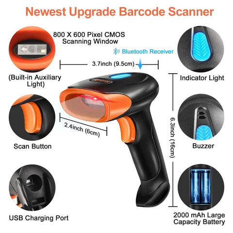 Wireless Bluetooth Barcode Scanner Handheld 2D 1D QR Reader With 800x600 CMOS Sensor, showing features and components.