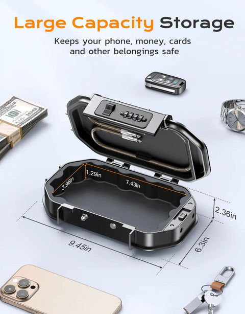 Open Portable Travel Safe Lock Box With 4 Digit Combo Waterproof Durable Security Case showing interior measurements.