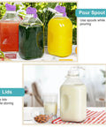 64 Oz Heavy Duty Glass Milk Bottle With Airtight Screw Cap Reusable One Half Gallon Water Bottle With Scale Lines 2 Qt Glass Milk Jug Pitcher Includes Extra Gaskets And Handle, filled with colored juices.